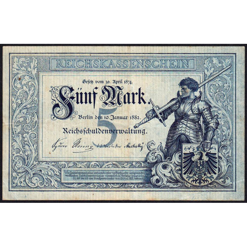 Allemagne - Pick 4 - 5 mark - 10/01/1882 - Série G - Etat : TTB+ à SUP
