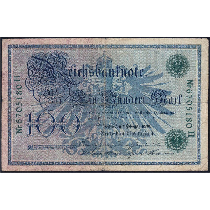 Allemagne - Pick 34 - 100 mark - 07/02/1908 - Lettre H - Série H - Etat : TB-