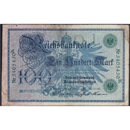 Allemagne - Pick 34 - 100 mark - 07/02/1908 - Lettre L - Série K - Etat : TB