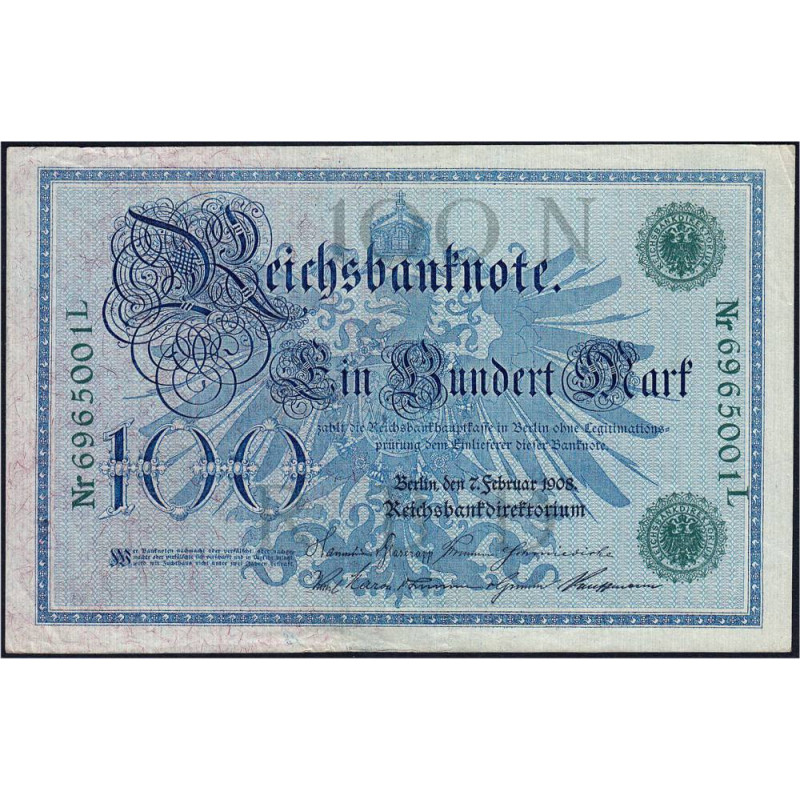 Allemagne - Pick 34 - 100 mark - 07/02/1908 - Lettre N - Série L - Etat : TTB+