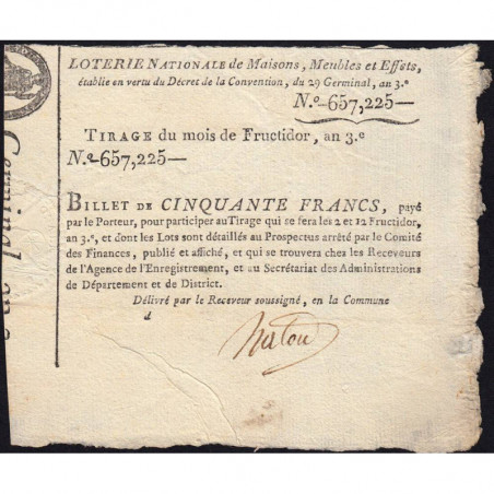 1795 - Loterie Nationale - Billet de 50 francs - Etat : SUP+