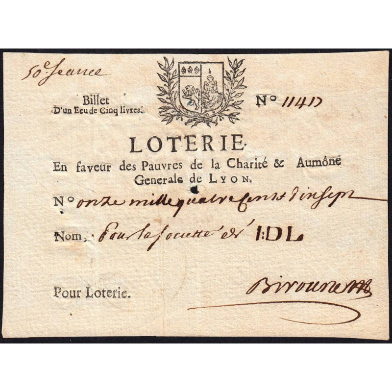 1713 - Lyon- En faveur des Pauvres - Billet 1 écu de 5 livres - Etat : SUP+