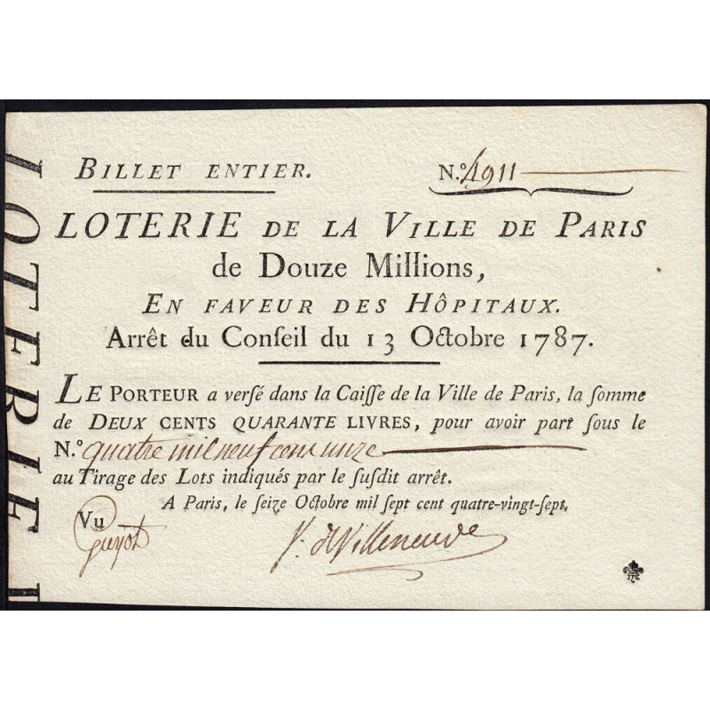 Paris - Louis XVI - En faveur des Hôpitaux - Billet entier de 240 livres - 1787 - Etat : SPL