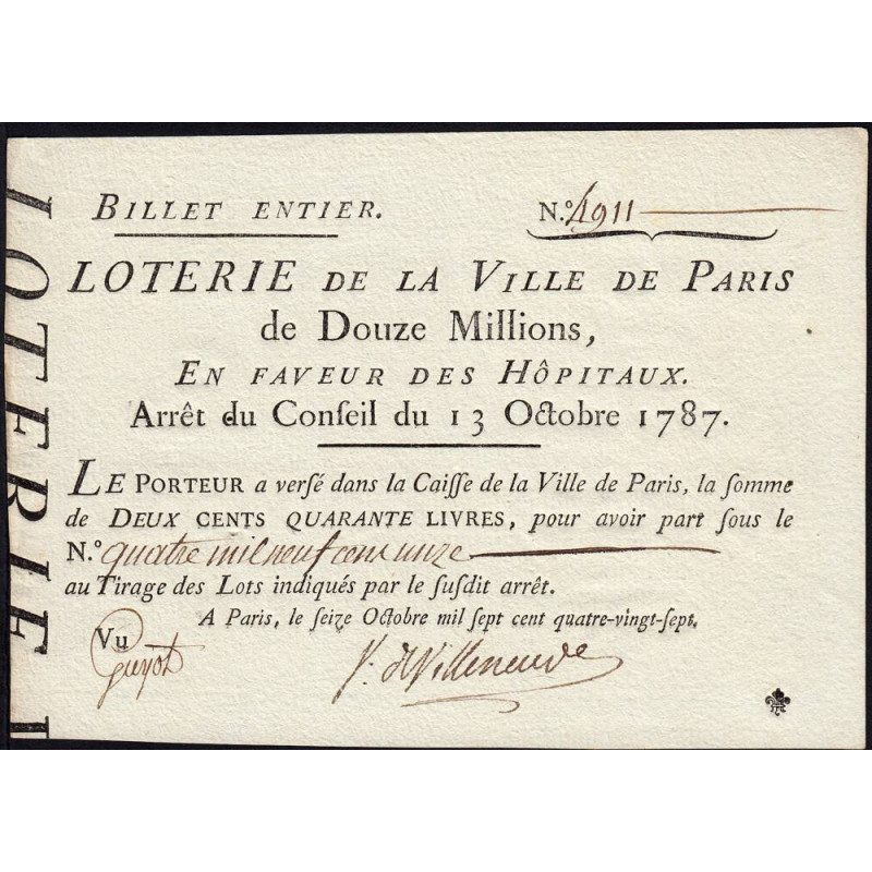 Paris - Louis XVI - En faveur des Hôpitaux - Billet entier de 240 livres - 1787 - Etat : SPL