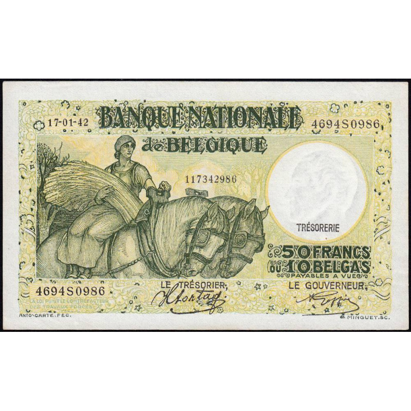 Belgique - Pick 106_4 - 50 francs ou 10 belgas - 17/01/1942 - Etat : SUP+