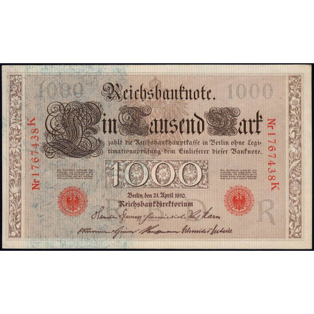 Allemagne - Pick 44b - 1'000 mark - 21/04/1910 - Lettre R - Série K - Etat : pr.NEUF