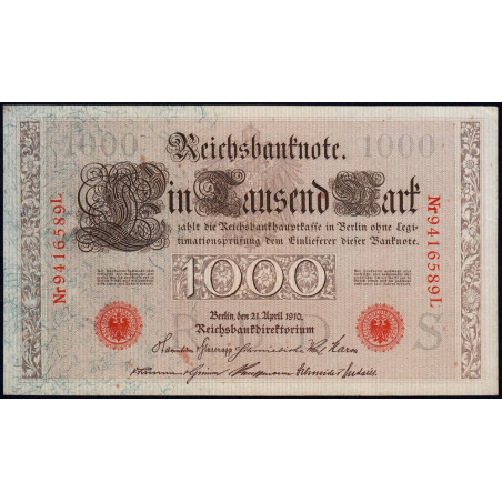 Allemagne - Pick 44b - 1'000 mark - 21/04/1910 - Lettre S - Série L - Etat : pr.NEUF