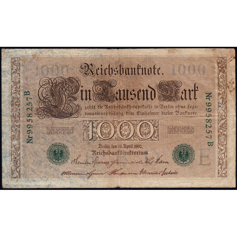 Allemagne - Pick 45b - 1'000 mark - 21/04/1910 (1920) - Lettre E - Série B - Etat : TB
