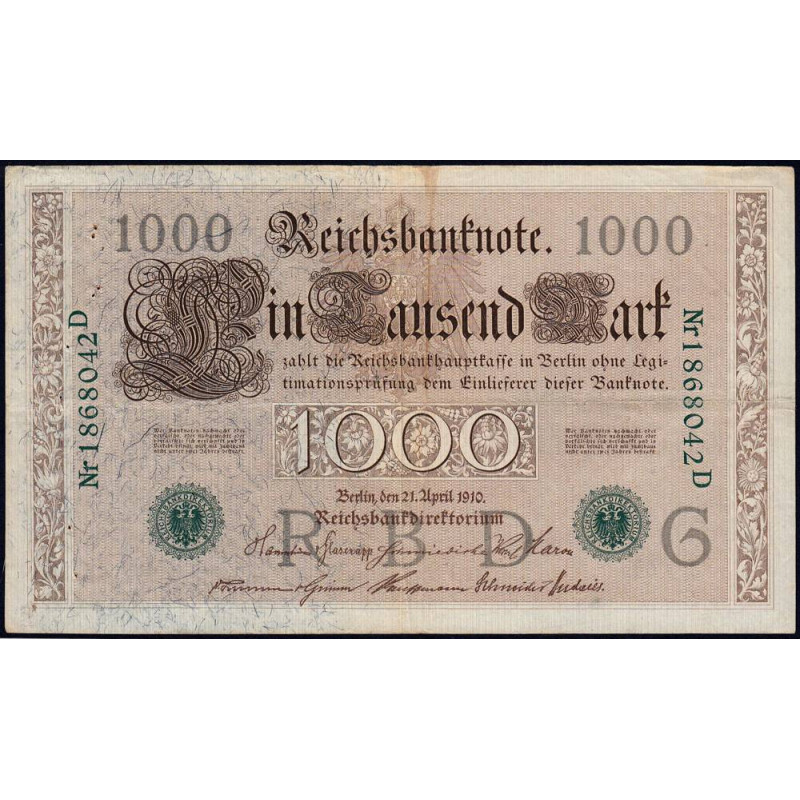Allemagne - Pick 45b - 1'000 mark - 21/04/1910 (1921) - Lettre G - Série D - Etat : TTB