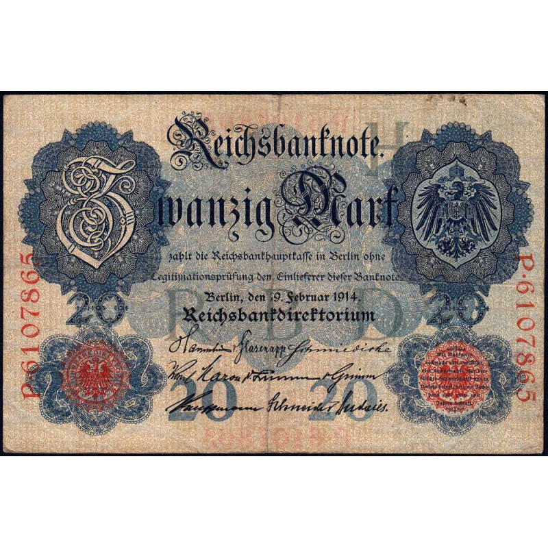 Allemagne - Pick 46b - 20 mark - 19/02/1914 - Lettre H - Série P - Etat : TTB