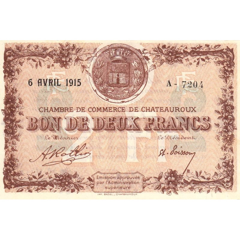 Chateauroux - Pirot 46-4 - 2 francs - Série A - 06/04/1915 - Etat : SPL+