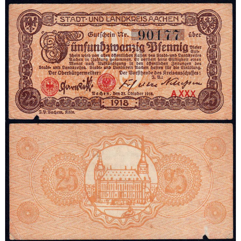 Allemagne - Notgeld - Aachen - 25 pfennig - Série A XXX - 31/10/1918 - Etat : SUP