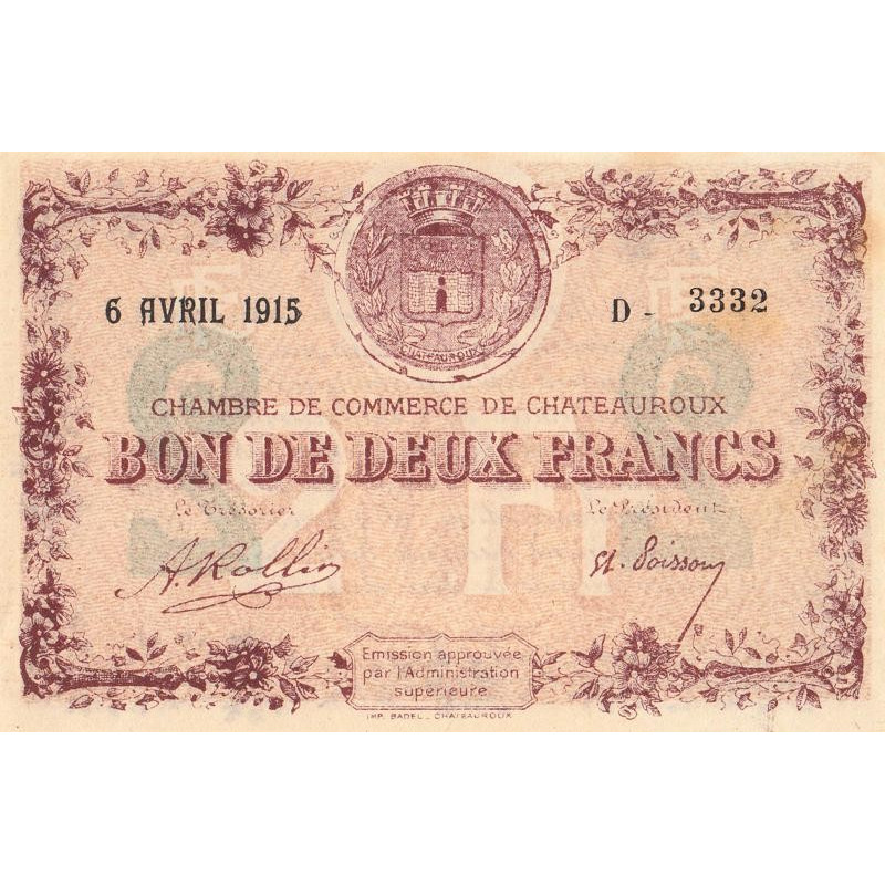 Chateauroux - Pirot 46-4 - 2 francs - Série D - 06/04/1915 - Etat : SUP