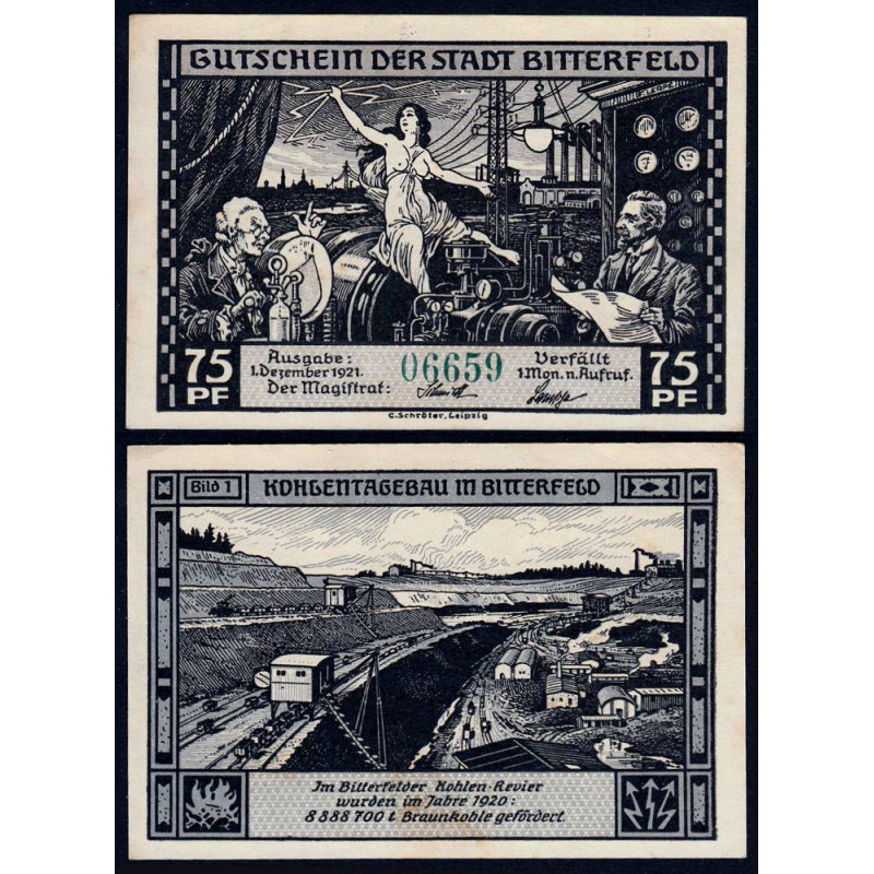 Allemagne - Notgeld - Bitterfeld - 75 pfennig - Type 1 - 01/12/1921 - Etat : SPL