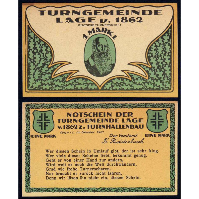 Allemagne - Notgeld - Lage in Lippe - Gymnastique - 1 mark - Type 3 - 10/1921 - Etat : SPL