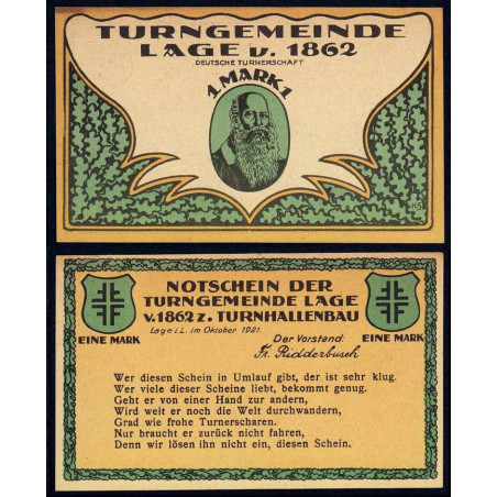 Allemagne - Notgeld - Lage in Lippe - Gymnastique - 1 mark - Type 3 - 10/1921 - Etat : SPL