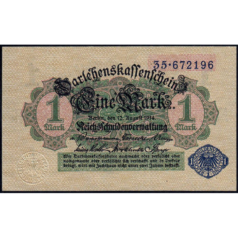 Allemagne - Pick 52 - 1 mark - 12/08/1914 (1920) - Etat : SPL