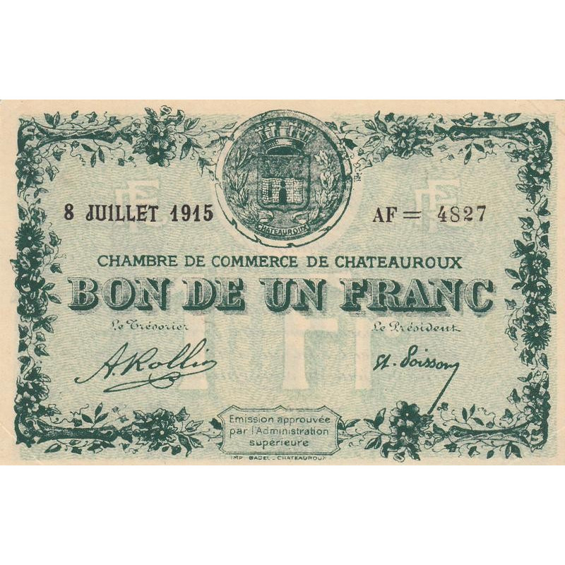 Chateauroux - Pirot 46-12 - 1 franc - Série AF - 08/07/1915 - Etat : SUP+