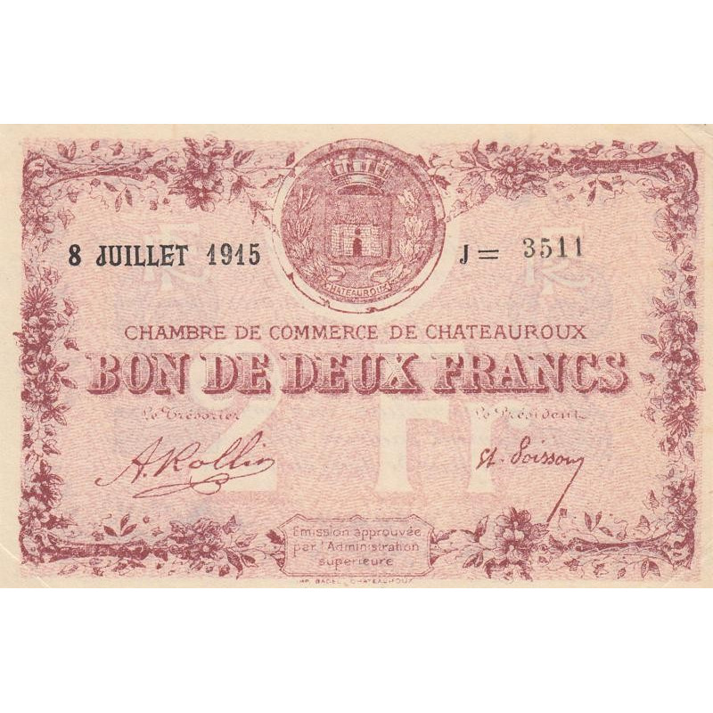 Chateauroux - Pirot 46-13 - 2 francs - Série J - 08/07/1915 - Etat : SUP+