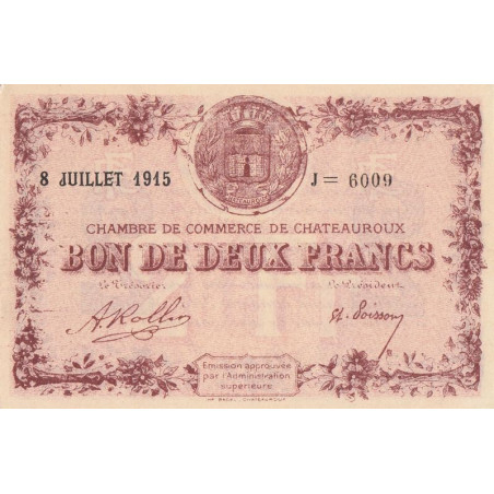 Chateauroux - Pirot 46-13 - 2 francs - Série J - 08/07/1915 - Etat : SPL+