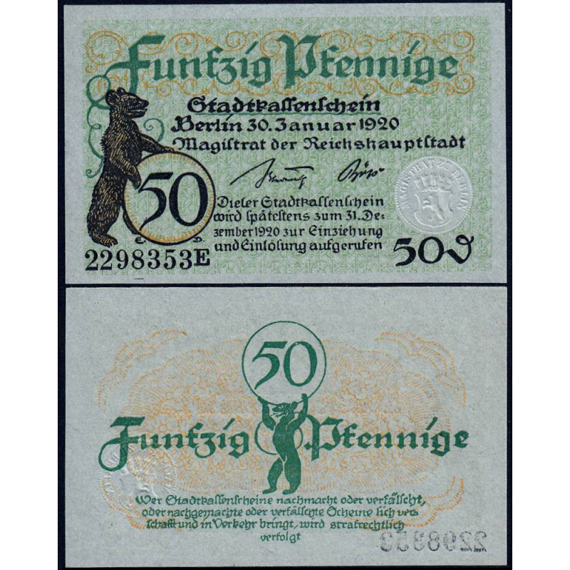 Allemagne - Notgeld - Berlin - 50 pfennig - Série E - 30/01/1920 - Etat : NEUF