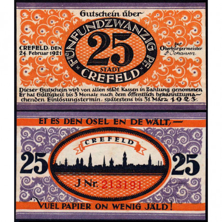 Allemagne - Notgeld - Crefeld (Krefeld) - 25 pfennig - Série J - 24/02/1921 - Etat : NEUF