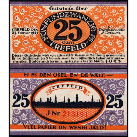 Allemagne - Notgeld - Crefeld - 25 pfennig - Série J - 24/02/1921 - Etat : NEUF