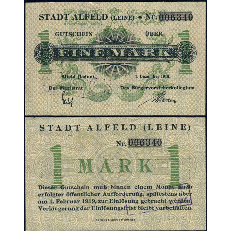 Allemagne - Notgeld - Alfeld - 1 mark - 01/12/1918 - Etat : SPL