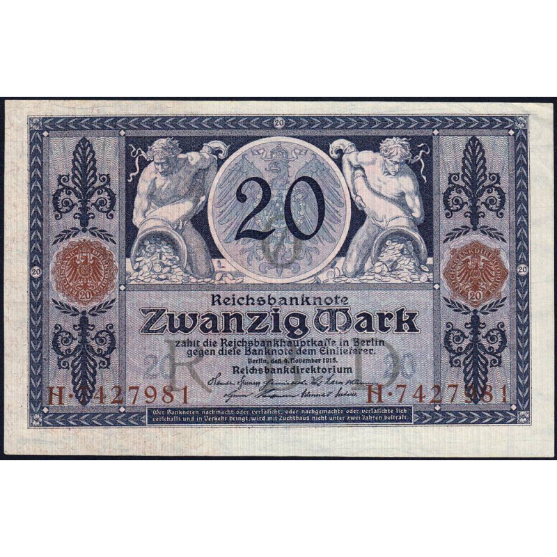 Allemagne - Pick 63 - 20 mark - 04/11/1915 - Lettre O - Série H - Etat : SUP+