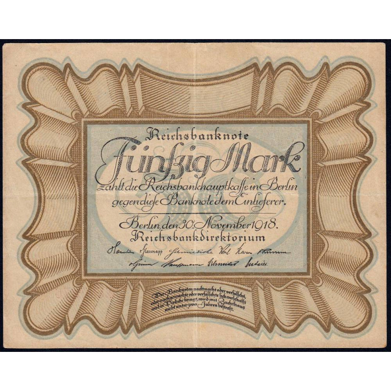 Allemagne - Pick 65_1 - 50 mark - 30/11/1918 - Série B - Etat : TTB