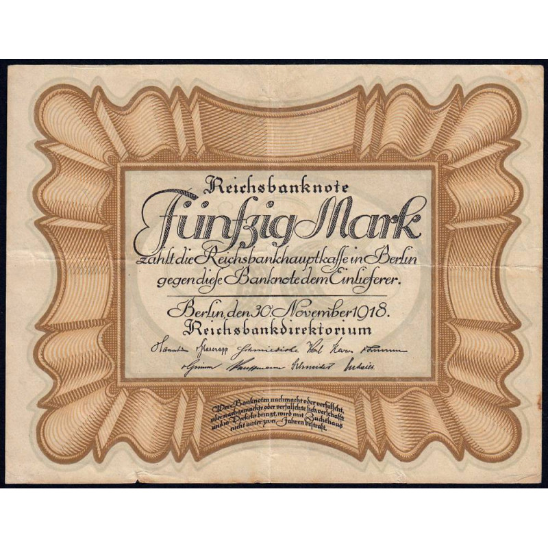 Allemagne - Pick 65_1 - 50 mark - 30/11/1918 - Série D - Etat : TTB