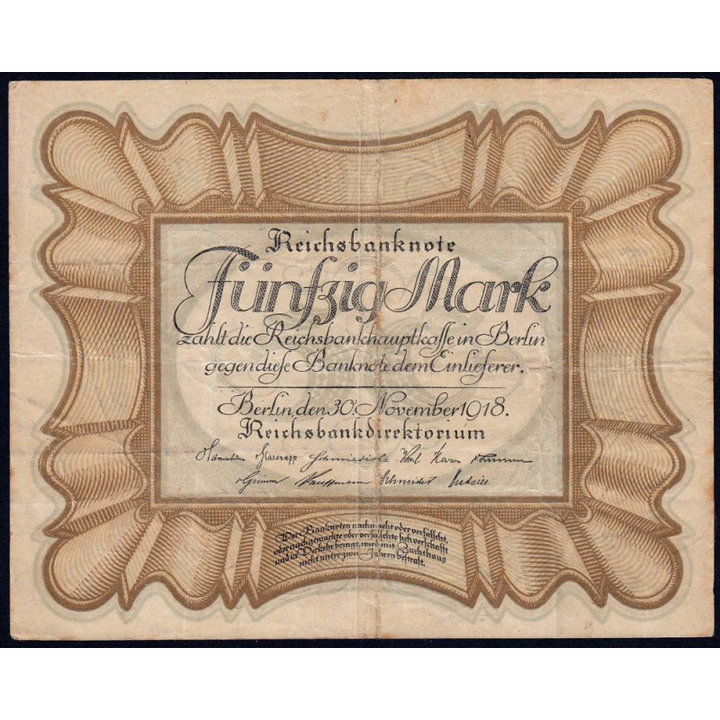 Allemagne - Pick 65_1 - 50 mark - 30/11/1918 - Série E - Etat : TB