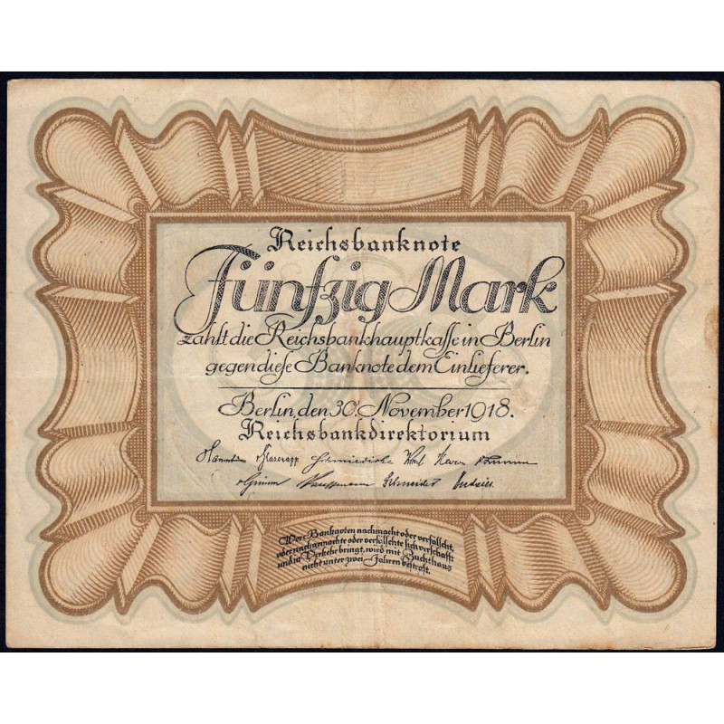Allemagne - Pick 65_1 - 50 mark - 30/11/1918 - Série F - Etat : TB+