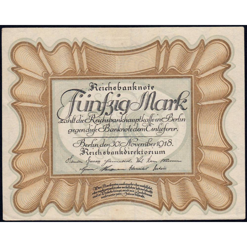 Allemagne - Pick 65_1 - 50 mark - 30/11/1918 - Série J - Etat : SUP