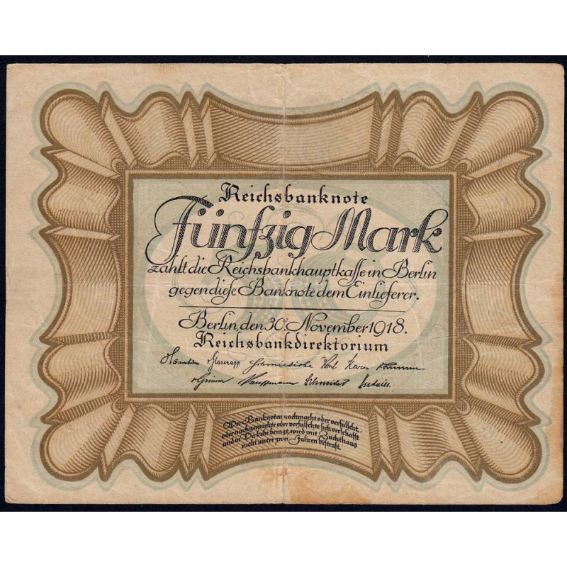Allemagne - Pick 65_2 - 50 mark - 30/11/1918 - Série G - Etat : TB+