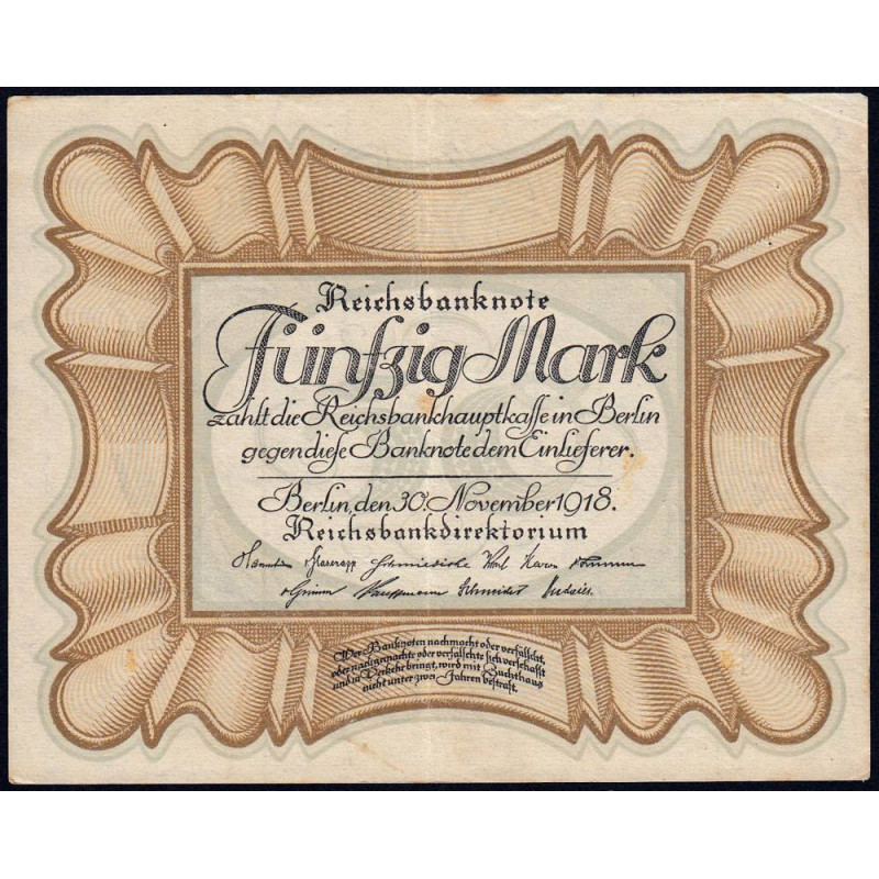 Allemagne - Pick 65_3 - 50 mark - 30/11/1918 - Série H - Etat : TTB