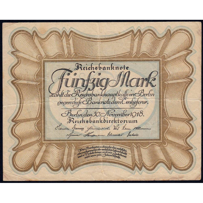 Allemagne - Pick 65_3 - 50 mark - 30/11/1918 - Série J - Etat : TB