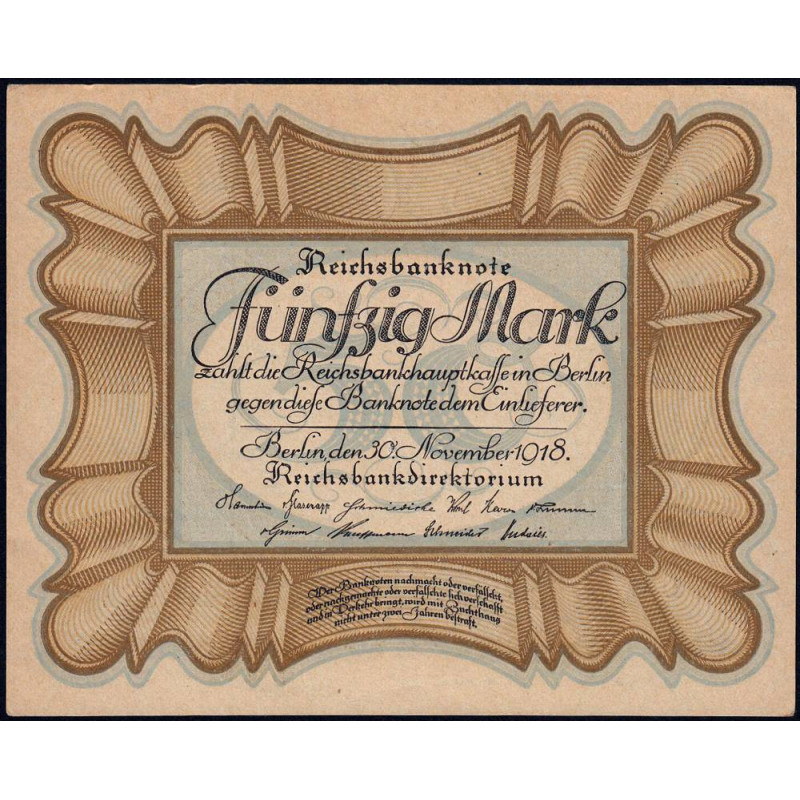 Allemagne - Pick 65_4 - 50 mark - 30/11/1918 - Série D - Etat : SUP+