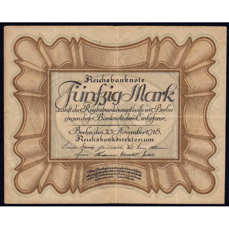 Allemagne - Pick 65_4 - 50 mark - 30/11/1918 - Série H - Etat : TTB