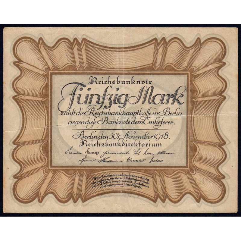 Allemagne - Pick 65_4 - 50 mark - 30/11/1918 - Série H - Etat : TTB