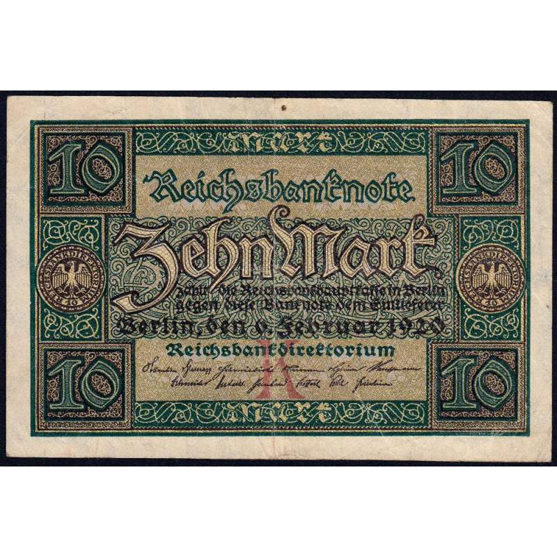 Allemagne - Pick 67a - 10 mark - 06/02/1920 - Lettre K - Série Y - Etat : TTB