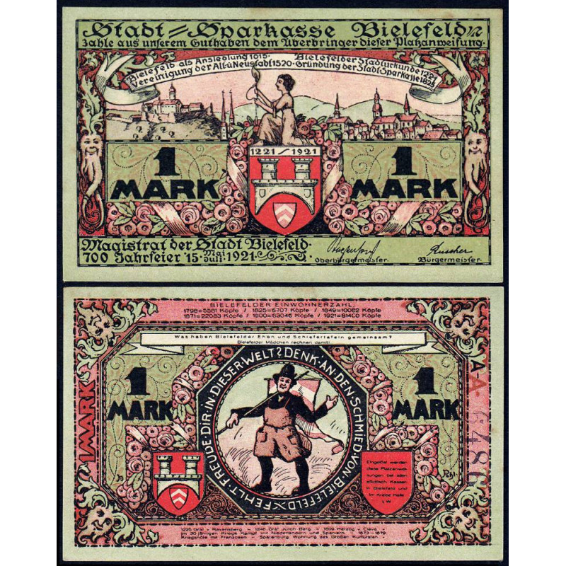 Allemagne - Notgeld - Bielefeld - 1 mark - Série A - Réf. a - 15/05/1921 - Etat : SPL