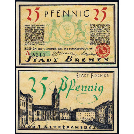 Allemagne - Notgeld - Bremen - Finanzdeputation - 25 pfennig - Série A - 15/09/1921 - Etat : NEUF