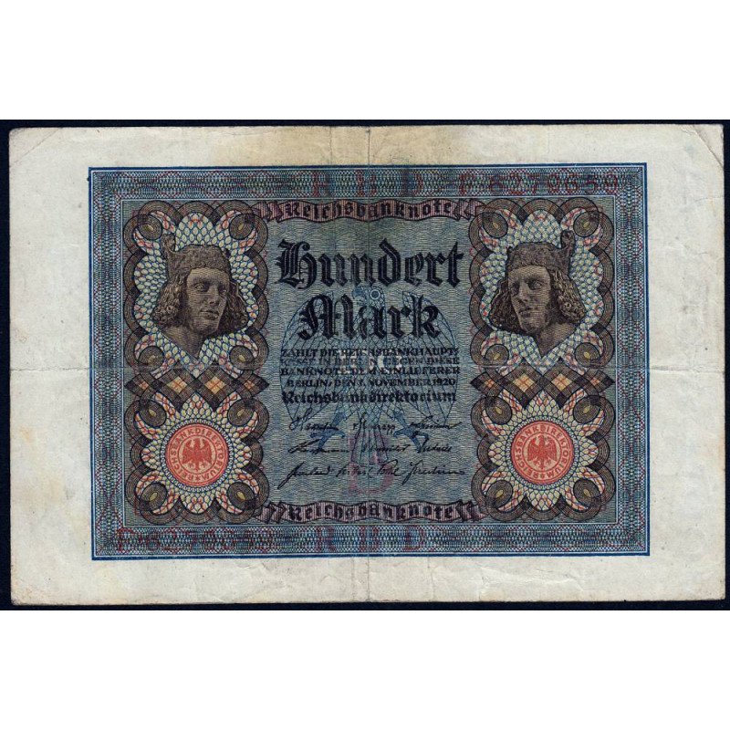 Allemagne - Pick 69a - 100 mark - 01/11/1920 - Lettre B - Série F - Etat : TB