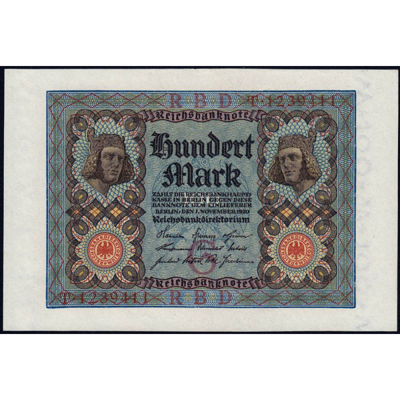 Allemagne - Pick 69a - 100 mark - 01/11/1920 - Lettre G - Série T - Etat : pr.NEUF