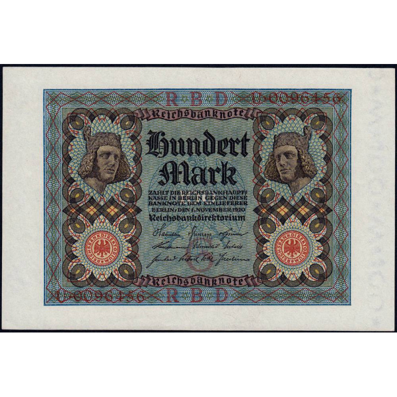 Allemagne - Pick 69a - 100 mark - 01/11/1920 - Lettre G - Série U - Etat : pr.NEUF