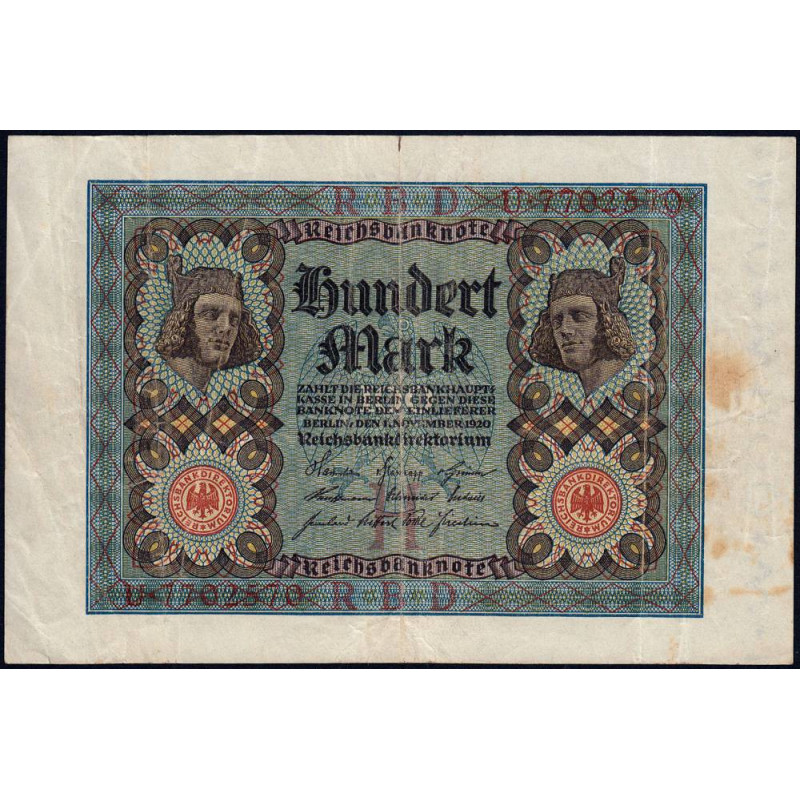 Allemagne - Pick 69a - 100 mark - 01/11/1920 - Lettre H - Série U - Etat : TTB-