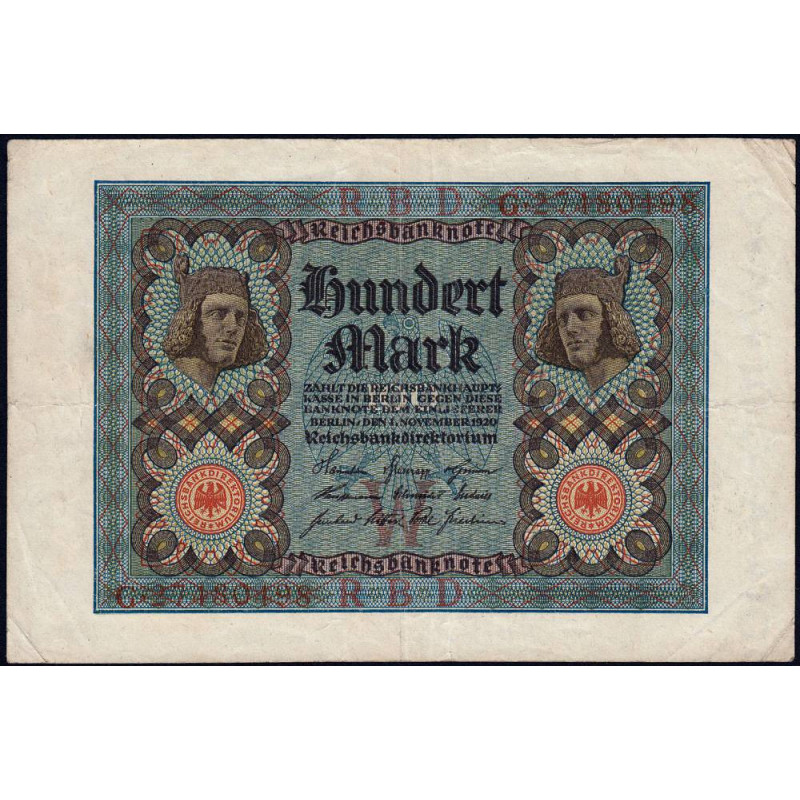 Allemagne - Pick 69b - 100 mark - 01/11/1920 - Lettre W - Série G- Etat : TTB