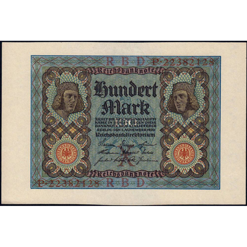 Allemagne - Pick 69b - 100 mark - 01/11/1920 - Lettre X - Série P- Etat : pr.NEUF
