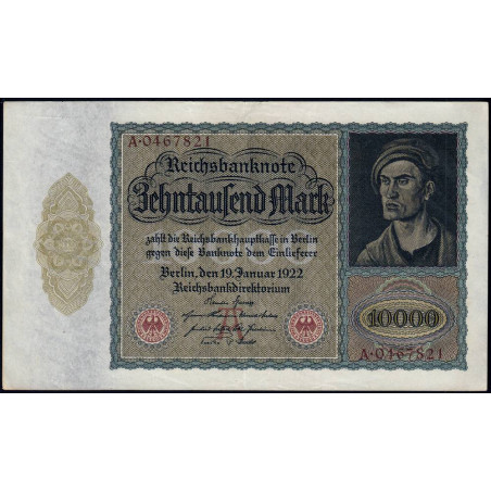 Allemagne - Pick 70_1 - 10'000 mark - Lettre A - Série A - 19/01/1922 - Etat : SUP+